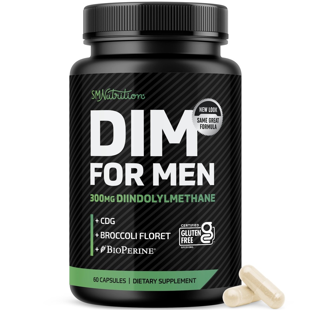 DIM Supplement för Män 300mg | Östrogen Blocker & Aromatase Inhibitor | Extra Styrka Mäns Hormon Balance & Fitness Booster med Diindolylmethane Plus CDG & Broccoli Floret | Gluten-Free | 60 Ct
