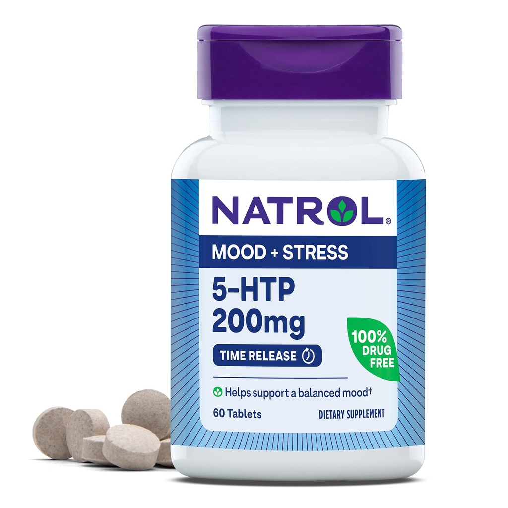 Natrol 5-HTP 200mg, Kosttillskott hjälper till att stödja ett balanserat humör, 60 Time Release tabletter, 60 Day Supply