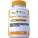 Suuri annos Extra Strength 1200 mg C-vitamiini + Sinkki Complex Immuuniter Health 120 Kapselin 2 kuukauden tarjonta Kasviskapseli ei-GMO-gluteeniton Vegaani