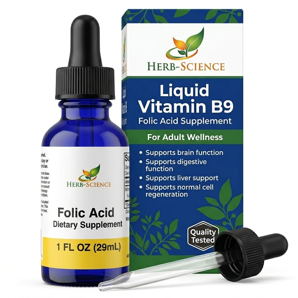 Nestemäinen B9-vitamiini Foolihappo täydentää - VIT B Drops aivojen & Ruoansulatuskanavan, maksan tuki - Gluteeniton, ei-GMO, Vegan - Ravintolisä aikuisille - 1 fl. oz.