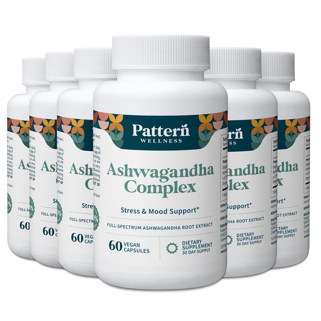 Pattern Wellness Ashwagandha Complex för män och kvinnor - KSM-66 & Black Pepper Extract - Hel kropp och hjärthälsa - Stöder stress och humör - Non-GMO - 360 Vegan kapslar