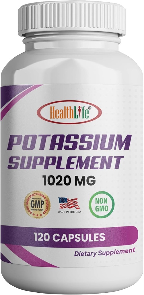 HealthLife Kalium Supplement, 1020 mg,60 Tarjoilut, 120 kapselia, Kaliumbikarbonaatti