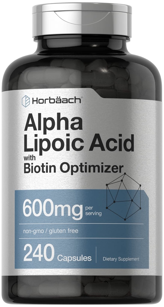 Horbäach Alpha Lipoic Acid 600mg | 240 kapslar | med Biotin Optimizer | Non-GMO och Gluten Free Supplement