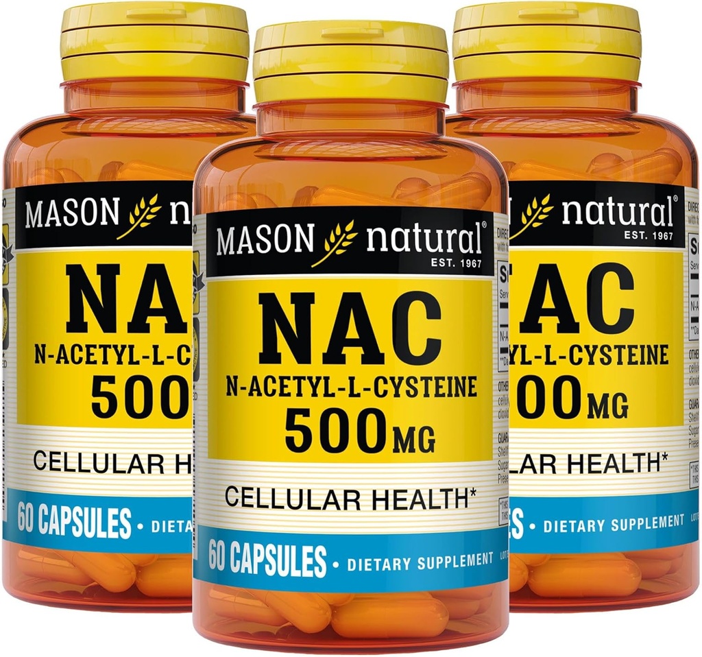 Mason Natura NAC N,Acetyl,L,Cysteine 500 mg, 6 kuukauden tarjonta, tukee normaalia solujen terveyttä, immuunijärjestelmän tehosteaine yleistä hyvinvointia, 3 pakkaus
