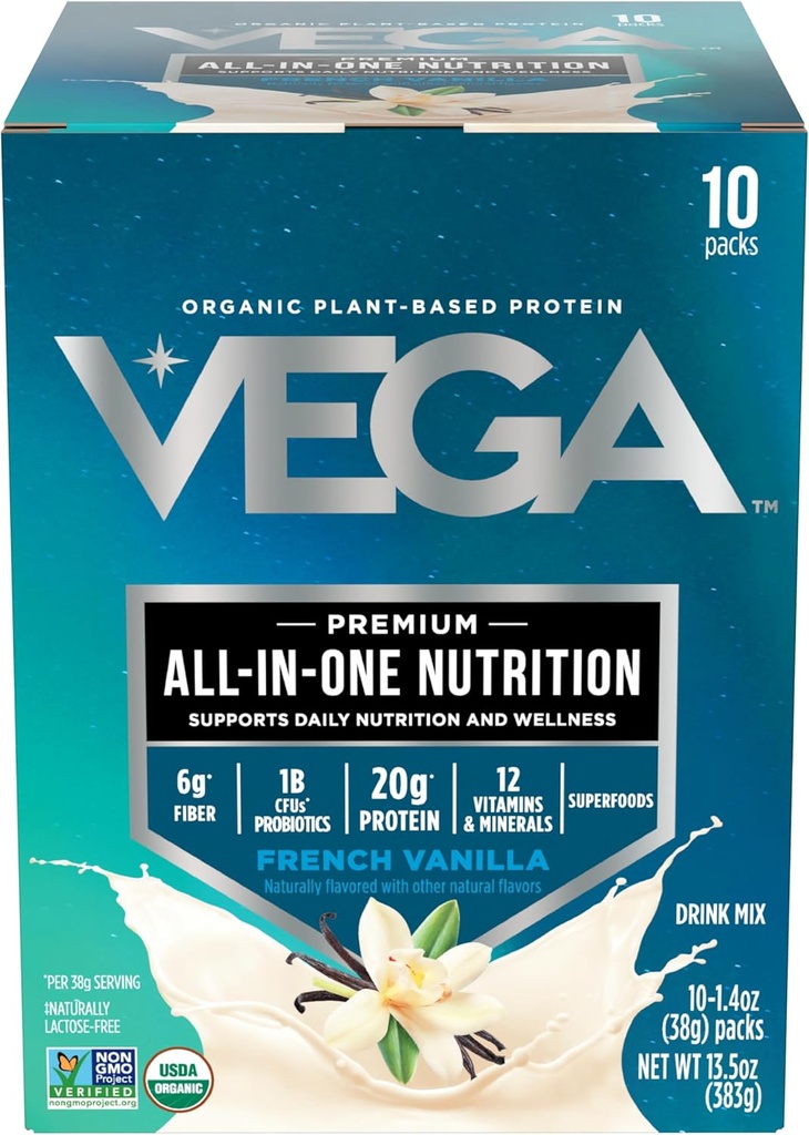 Vega Organic All-in-One Vegan Protein Powder, Ranskalainen vanilja - Superfood Ingredients, Vitamiineja Immuniteetti Support, Keto Friendly, Pea Protein for Women & Men, 13.5 oz (Packaging May Vary)