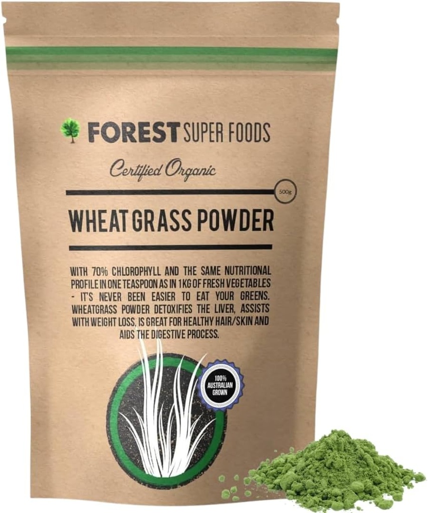 Forest Super Foods Organic Australian Grown Young Wheat Grass Powder 500g (60 Day Supply) | Premium Quality + Gluten Free | Hög i vitaminer och klorofyll