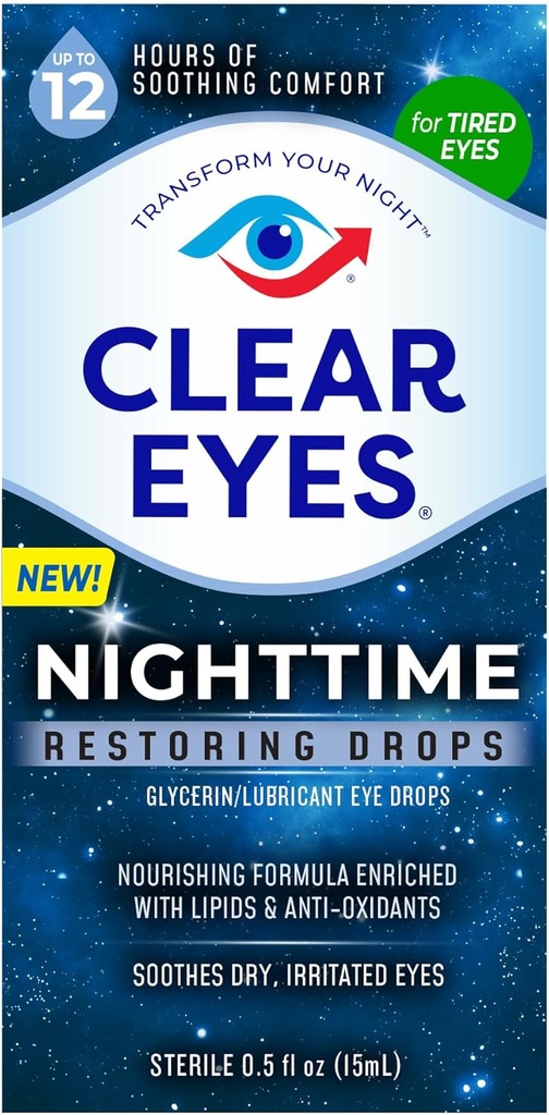 Clear Eyes Nighttime Restoring Eye Drops, Säker för Nightly Use för 12 timmars lugnande komfort, 0,5 Fl Oz