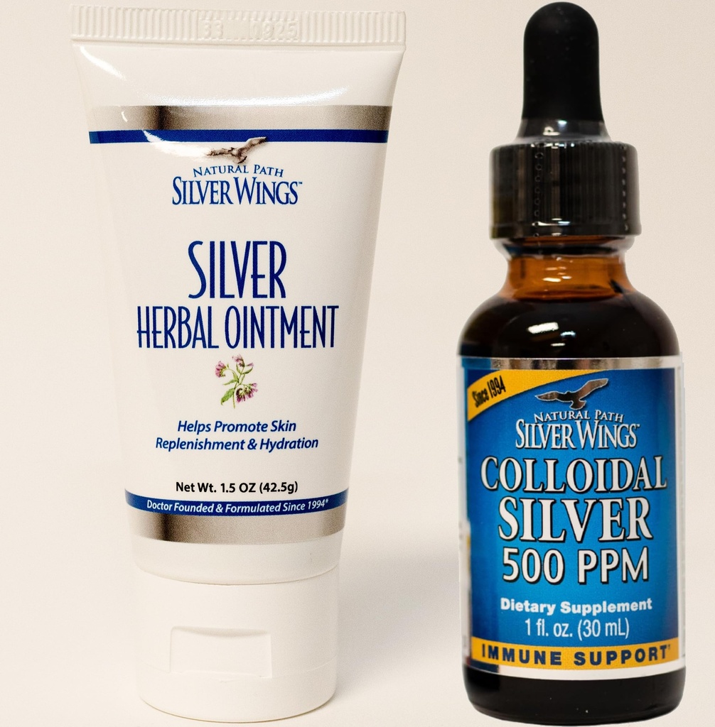 Natural Path Silver Wings Supplements - Colloidal Silver 500 ppm (1 oz / 30 ml) Immune Support Plus Herbal Ointment 250 ppm (1,5 oz)