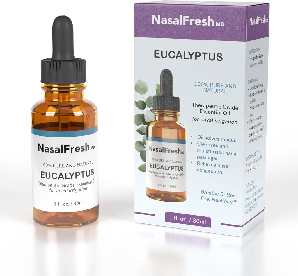 NASALFRESH MD - Eucalyptus Essential Oil - Nenän kastelu - Runsaudenlievitys - Nenänpesun lisäaine - Korkealaatuinen Essential Oil - Puhdistaa ja kosteuttaa Nasal Passages - 1oz