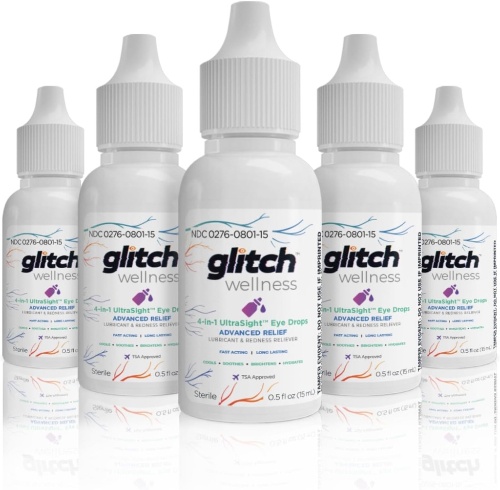 Glitch UltraSight Eye Drops for Dry Eyes 15ml - 4 in 1 Advanced Relief Dry Eye Drops - All Day Comfort with Hydration, Brightening, jäähdytys - tehokkaasti rauhoittaa ärsytystä ja kuivuutta (5)