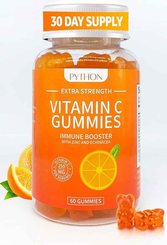 Python-vitamiini C + Echinacea täydentää immuniteetin ja keuhkojen terveys, tukee kollageenin tuotanto, ihon nesteytys, immuniteetit ja terveys, 60 vegaaninen purukumi Chews aikuisille ja lapsille - 1 kuukausi tarjonta