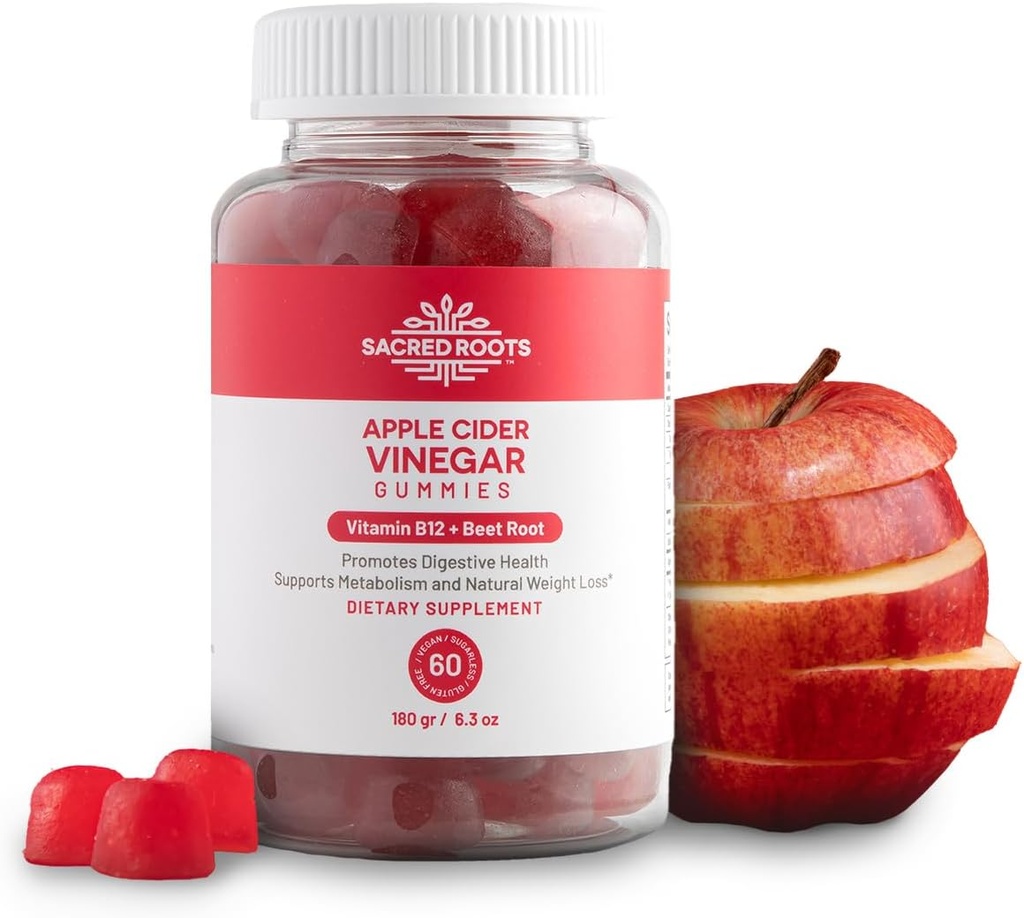 Omenaviinietikka Gummies - Sokeriton omenasiideri Gumies, jossa on B12-vitamiinia ja punajuurijauhetta - Vegaani, ei-GMO & Gluteeniton, valmistettu Yhdysvalloissa (30 tarjoilua)