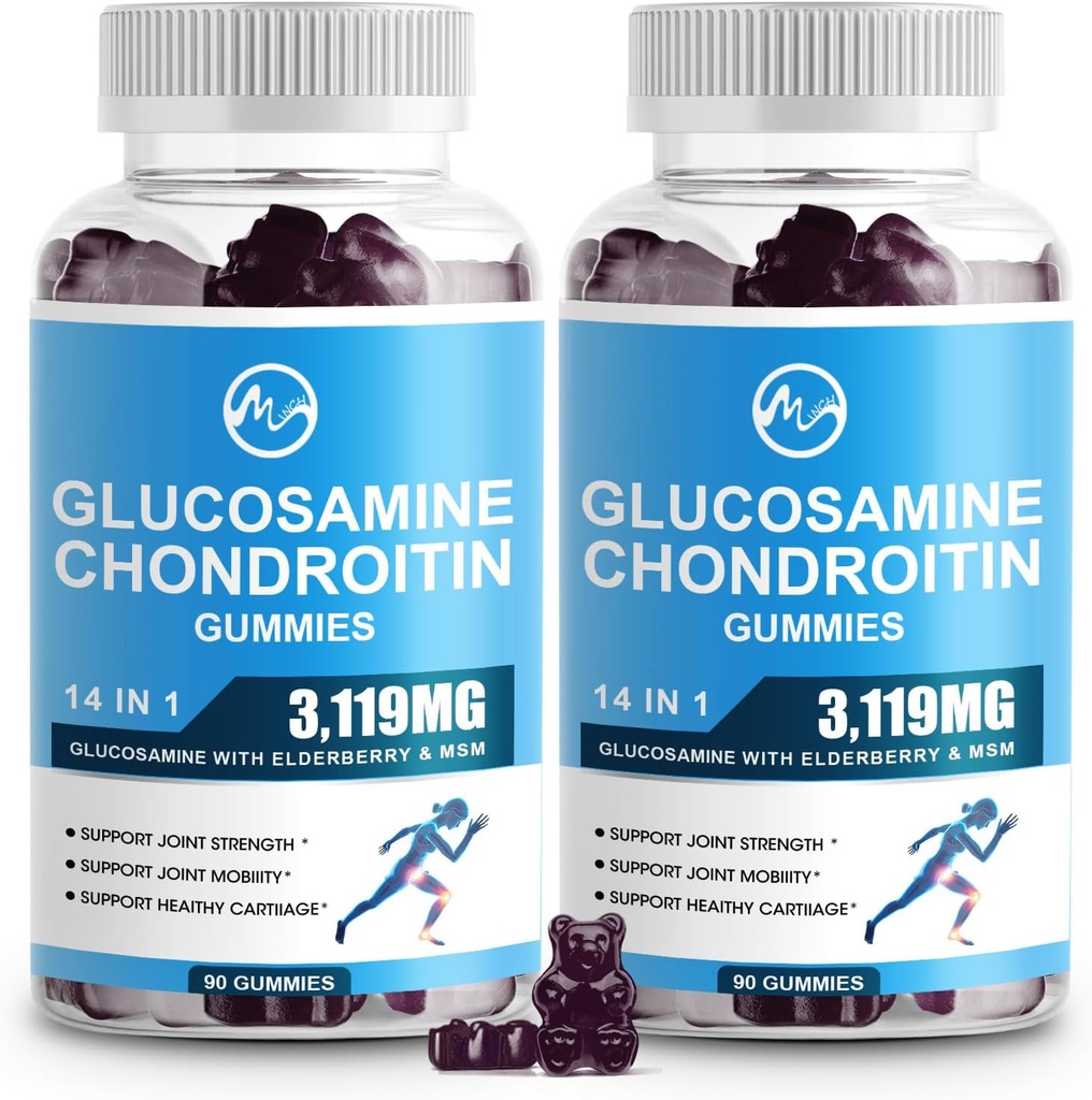 M tuuman Glukosamiini Chondroitin Gummies, 1500 mg Glukosamiini & 1000 mg MSM per tarjoilu, Joint Support Supplement for Aikuinen, Elderberry Flavor, 45 Tarjoukset(Pack of 2)