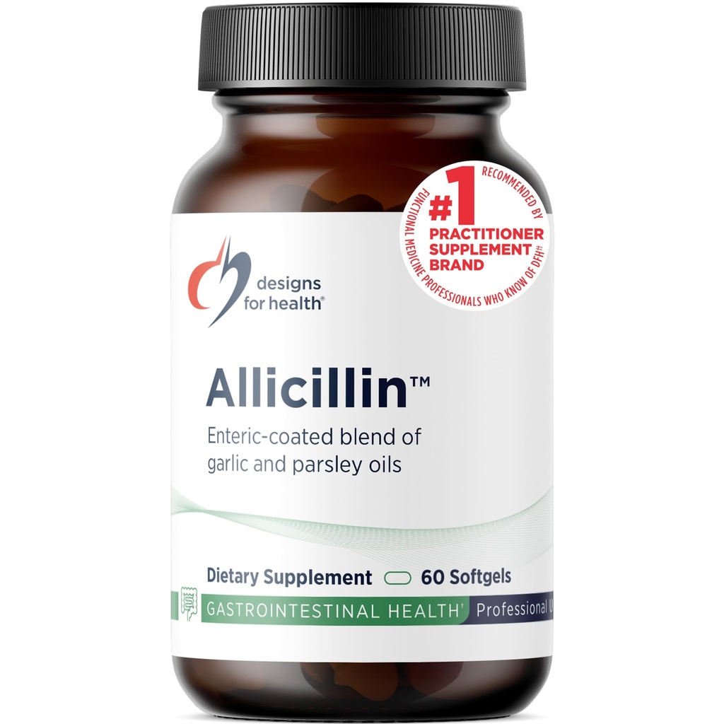 Designs for Health Allicillin - Allicin Supplement med 200mg Garlic Oil + Parsley Oil - Garlic Pills med kraftfulla sulfider - Enteric Coated för att hjälpa till att minska lukt, icke-GMO (60 Softgels)
