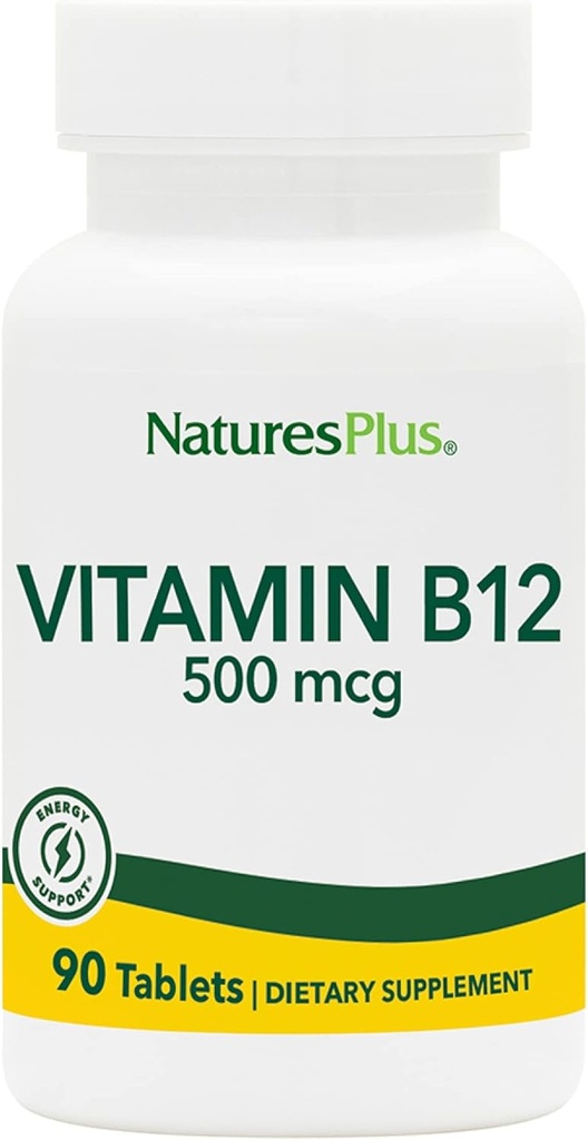 Natures Plus B12-vitamiini (Metyylicobalamiini) - 500 mikrog, 90 kasvissyöjätablettia -High Potency Red Blood Cell Support - Natural Energy Booster, edistää yleistä terveyttä - Gluteeniton - 90 tarjoilua