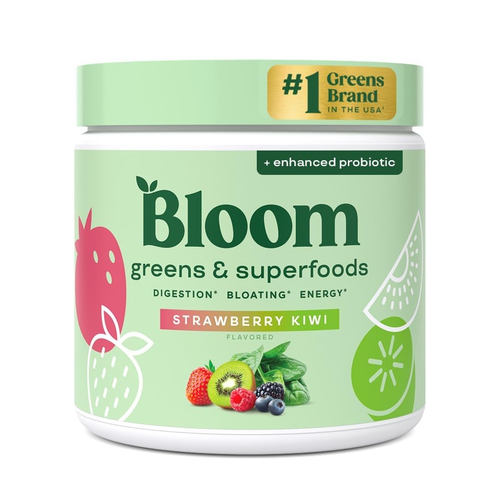 Bloom Nutrition Greens och Superfoods Powder för Digestive Health, Greens Powder, Digestive Enzymes, Probiotika, Spirulina, Chlorella för Bloating & Gut Support, Green Juice, 30 SVG, Strawberry Kiwi