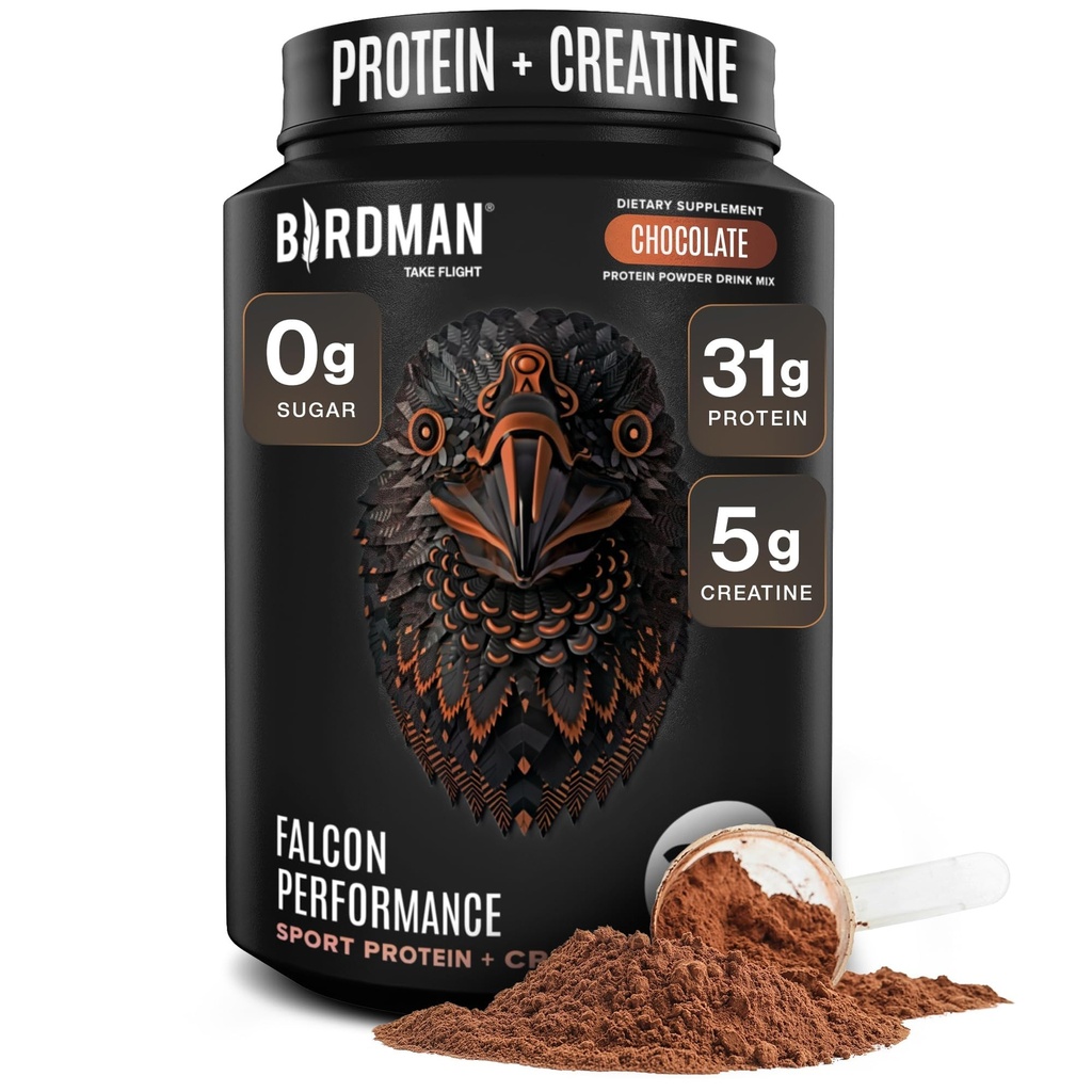 Birdman Falcon Performance Vegan Protein Powder, 31g Protein, 5g Creatiini, 5g BCAA, Probiootit, Elektrolyytit, Esiharjoitus, Low Carb, Sokeriton & Dairy Free, Kasvipohjainen suklaaproteiini -19 annosta