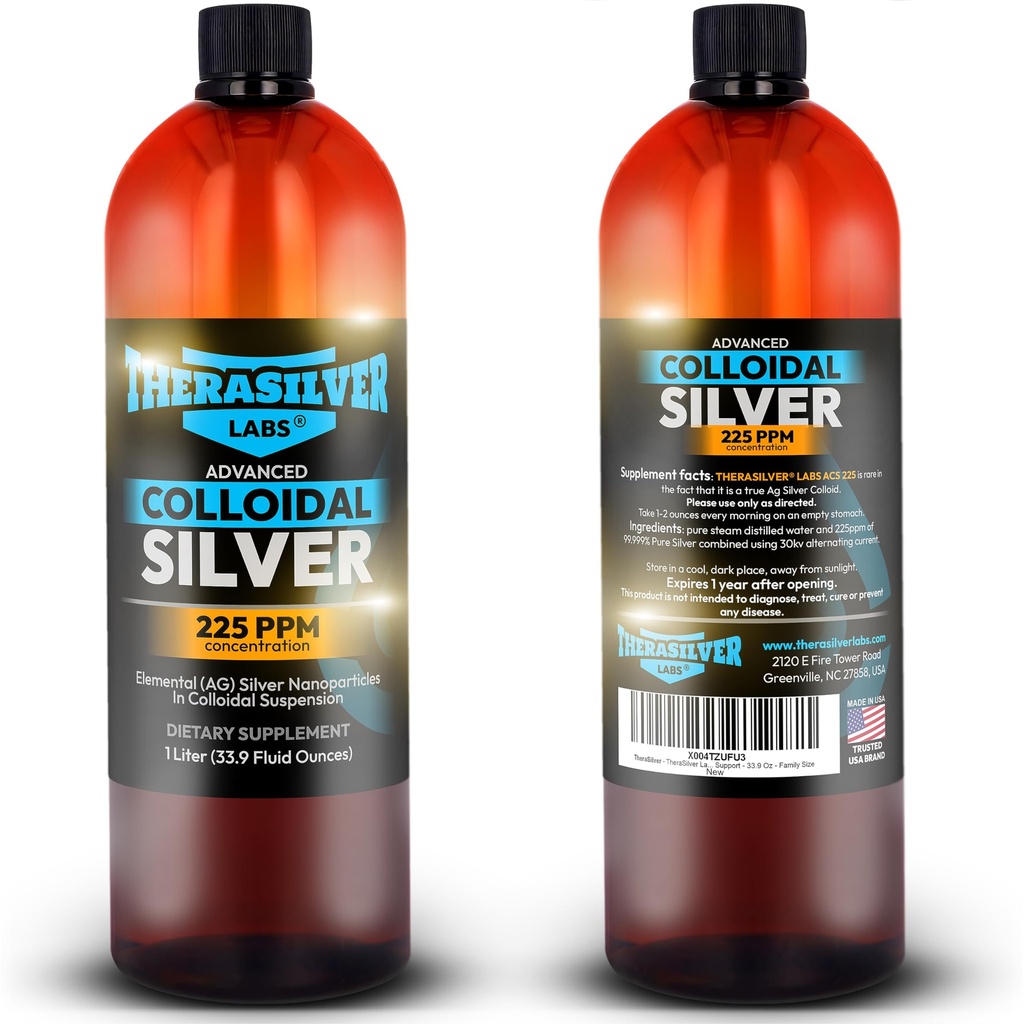 TheraSilver-TheraSilver Labs ACS 225-Advanced Kolloidinen Silver Liquid 225 PPM-Pure Bioactive Nano Particles for Immuuni Tuki-32 Oz-Family Size