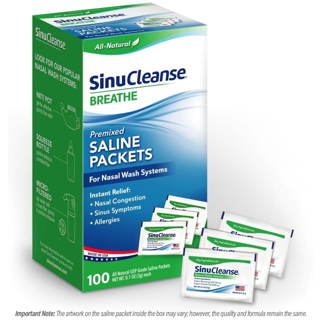 SinuCleanse Pre-Mixed Saline Packets for Sinus Rinse and Nasal Irrigation Systems, 100 Count, Made in USA, Kaikki luonnolliset, Pharmaceutical Grade ja PH Balanced
