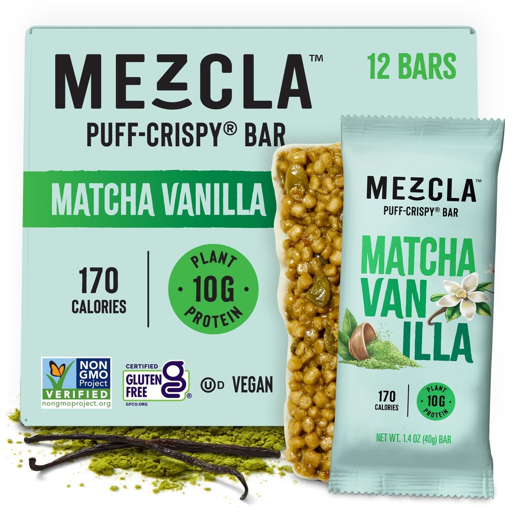 Mezcla Puff rapeat proteiinipatukat, gluteeniton ja vegaaninen proteiinipatukka, 10g proteiinia, Alt rapea riisi, Granola-patukat ja aamiaispatukat, terveet välipalat aikuisille, Matcha vanilja, 12 pakkaus