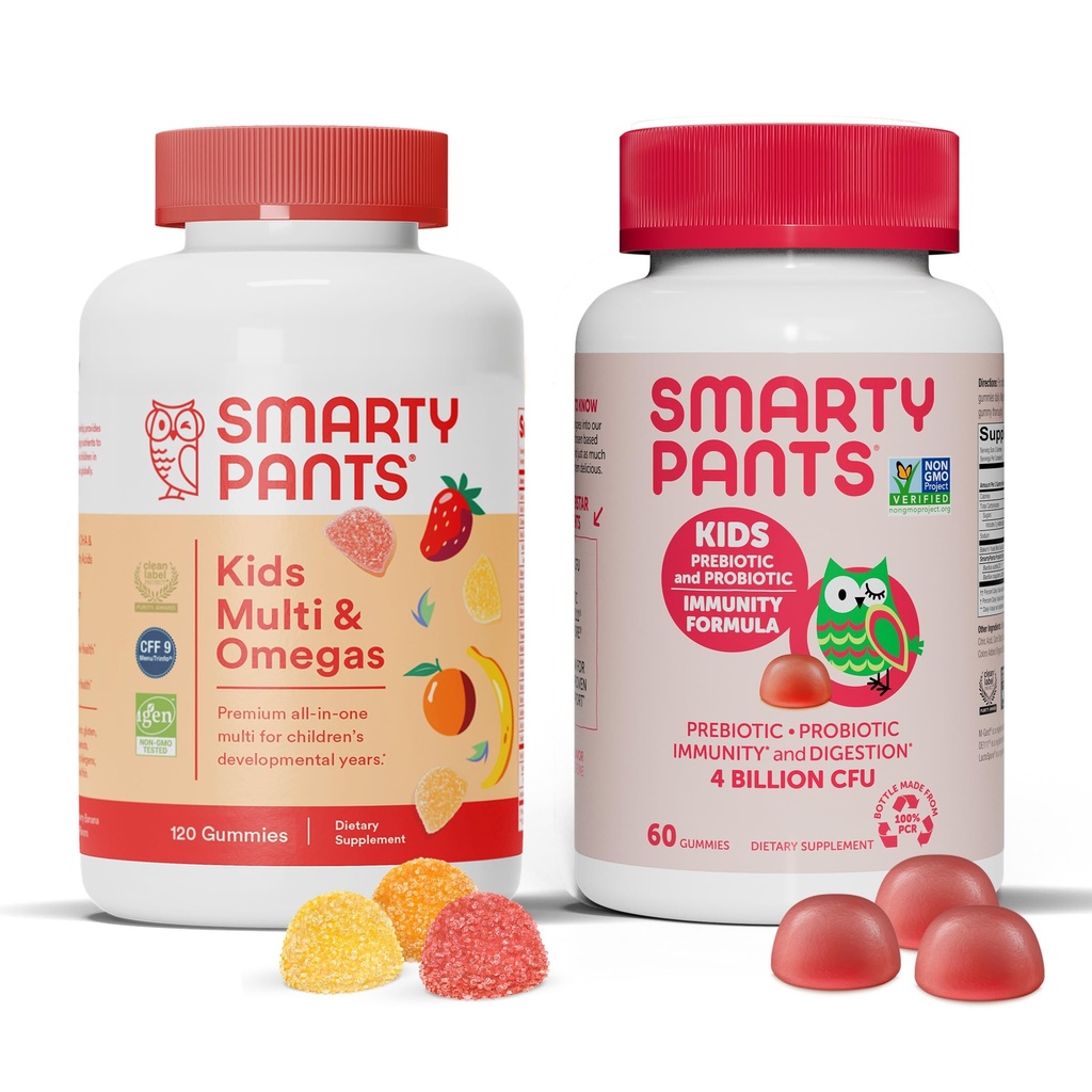 SmartyPants Kids Multivitamiini Gummies ja Probiootti Immuniteetti Bundle: Omega 3 Fish Oil (EPA/DHA), D3-vitamiini, C-vitamiini, B12, B6, Ruoansulatus- ja immuunituki täydentää (30 päivän tarjonta)