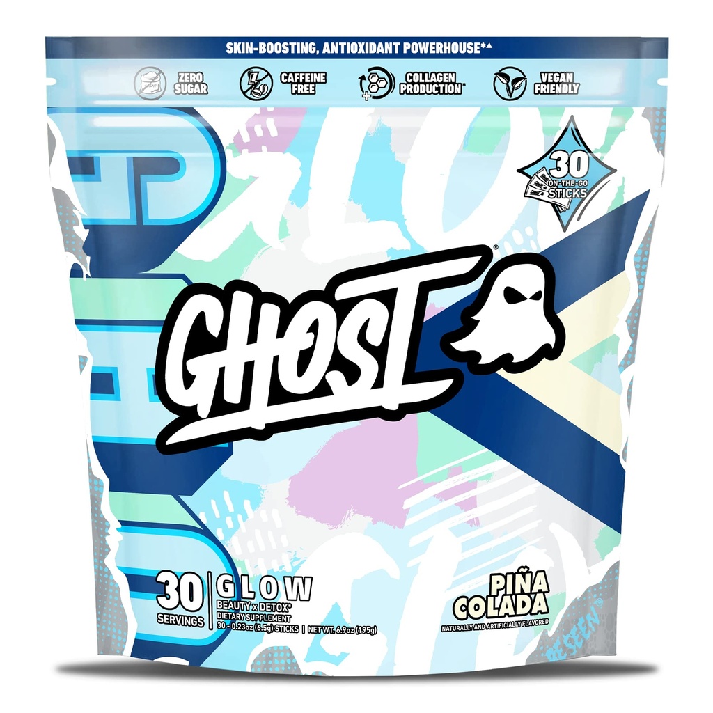 GHOST Glow Sticks: Beauty and Detox Supplement - 30 On-The-Go Stick Packs, Pina Colada - Hyaluronic Acid, Biotin & L-Theanine for Skin-Boosting Support .