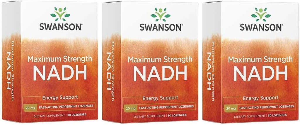 Swanson Maximum Strength NADH - Fast-Acting Peppermint Lozenges för att främja hjärnhälsa och energistöd - Vitamin B3 Coenzyme för att hjälpa till att bekämpa trötthet - (30 tabletter, 20mg varje) 3 Pack