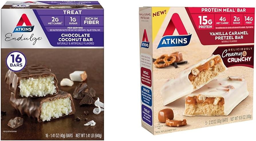 Atkins Chocolate Coconut Bar 16 Count, Vanilla Caramel Pretzel Proteiini Ateria Bar 5 Count