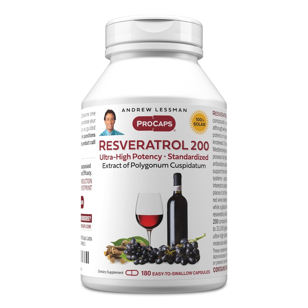 ANDREW LESSMAN Resveratrol-200mg - 180 kapselia - Red Wine's Beneficial, Luonnollisesti Oksidantti, ilman alkoholia. Lisäaineet