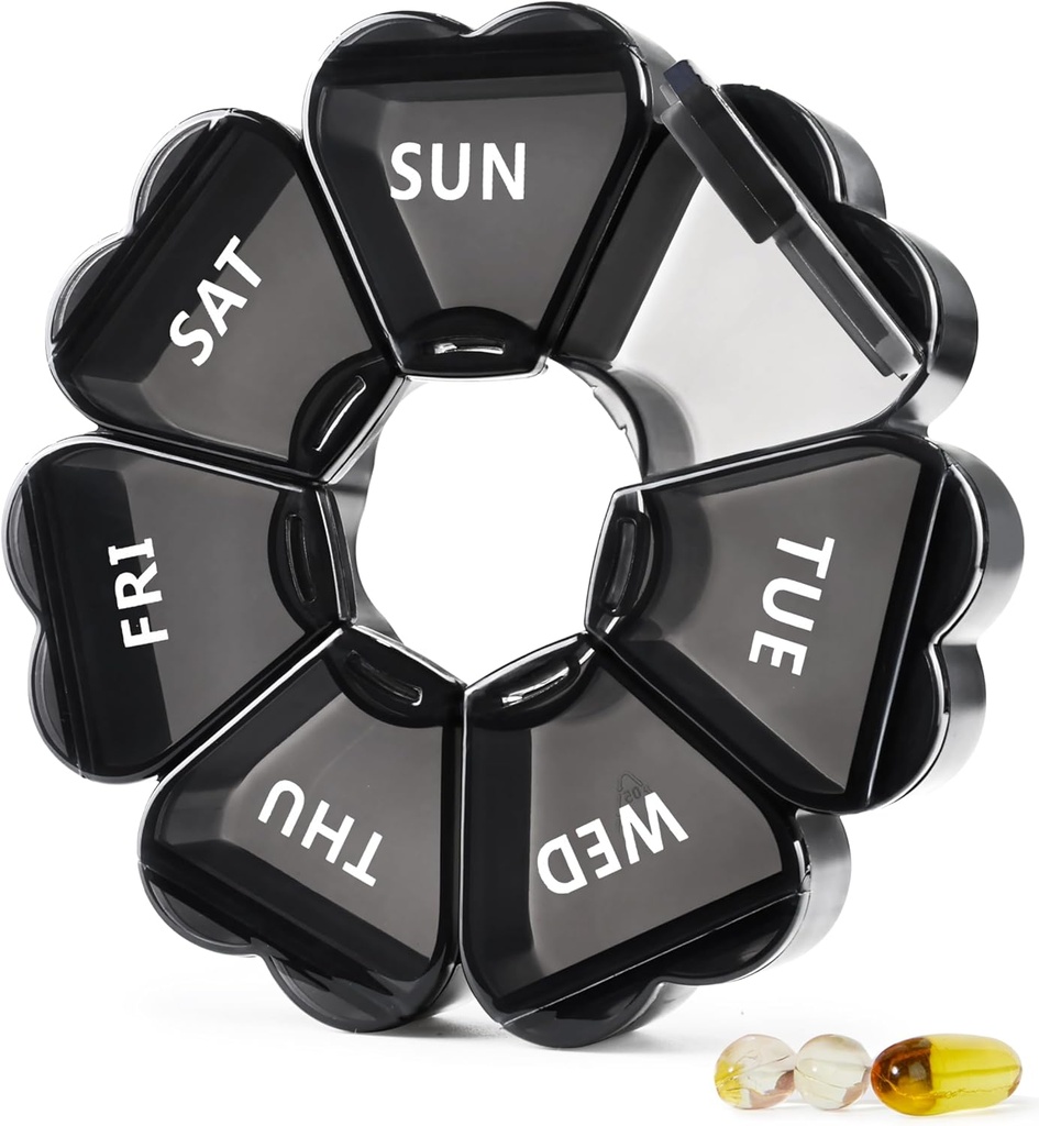 MOLN HYMY Large Pill Organizer 7 Day, Pretty Weekly Pill Box Case, Cute Girly Medicine Dispenser Container för Vitamin, Gummy, Medication, Supplement (Black)