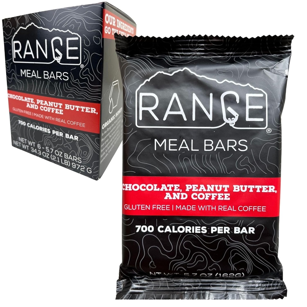 Range Ateria Bar - Korkea Kalorie Ateriankorvikkeet - Gluteeniton Bars - Backpackpacking Ateriat - 6 pakkaus (suklaa, maapähkinävoi ja kahvi)