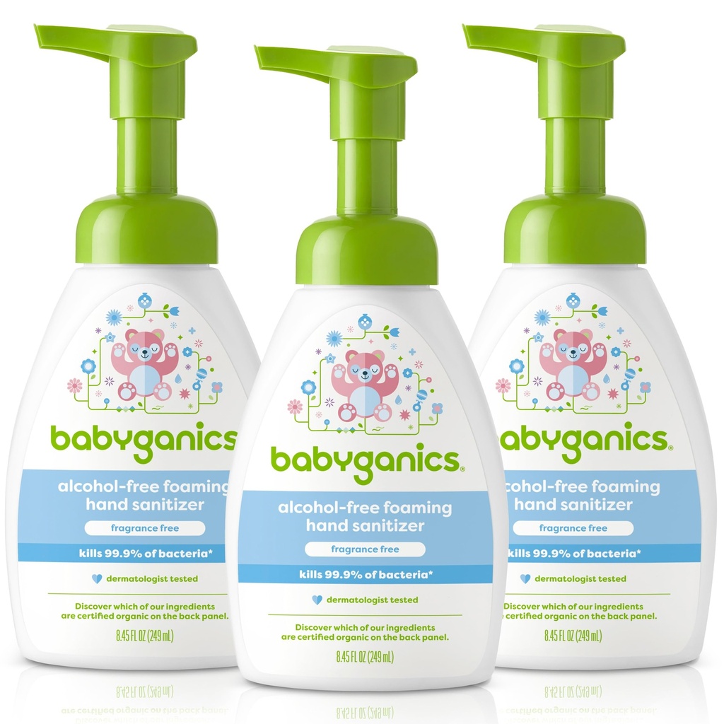 Babyganics alkoholiton vaahtoava käsi sanitaattori, Pumppu pullo, hajuton, 8.45 oz, 3 pakkaus