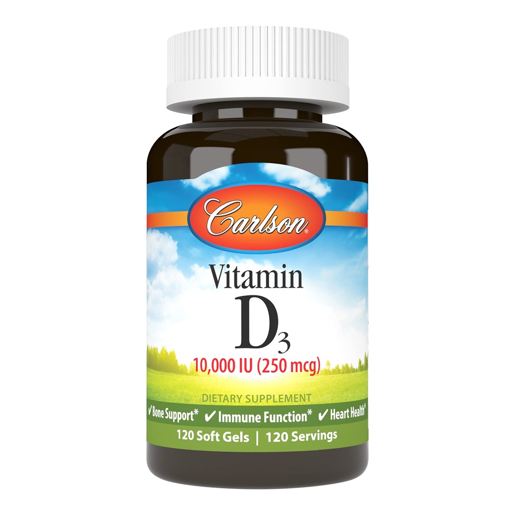 Carlson - D3-vitamiini, 10000 IU (250 mikrog), D-vitamiinilisät, luu- ja immuunituki, D3-vitamiinit, Heart Health, Gluteenittomat D-vitamiinikapselit, 120 Softgelia