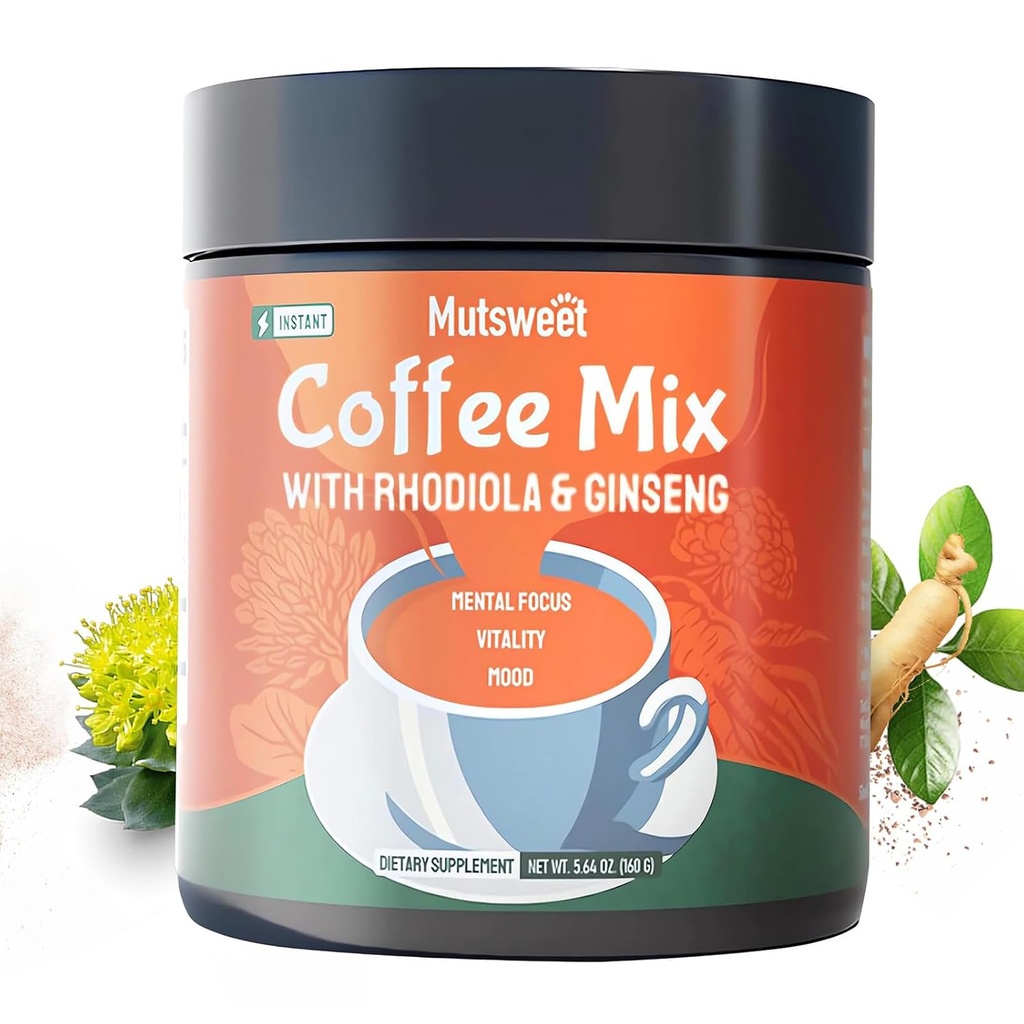 Mutsweet Rhodiola Rosea Instant Coffee Mix med Ginseng Supplement, 40 portioner, kaffe alternativ pulver, Ginseng Extract, Ground Coffee Support Energy, Mood, Stress, Stamina