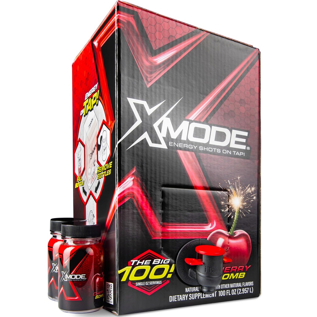 XMODE Extra Strength Energy Shots Napauta Cherry Bomb Flavor, Sokeriton, 150 mg kofeiini per oz, B12, 100 (1oz) Tarjoilut, Jakaja 2 Täytettävät pullot