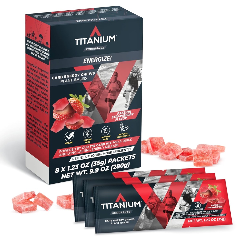 TITANIUM Energy Chews for Running, Pyöräily - Plant-Based Natural Endurance Energy Gummies to Re Fuel - Energy Supplements - Preworkout Välipala Bloks - Nopeampi kuin energia geelit - Ei kofeiini - 8 Count