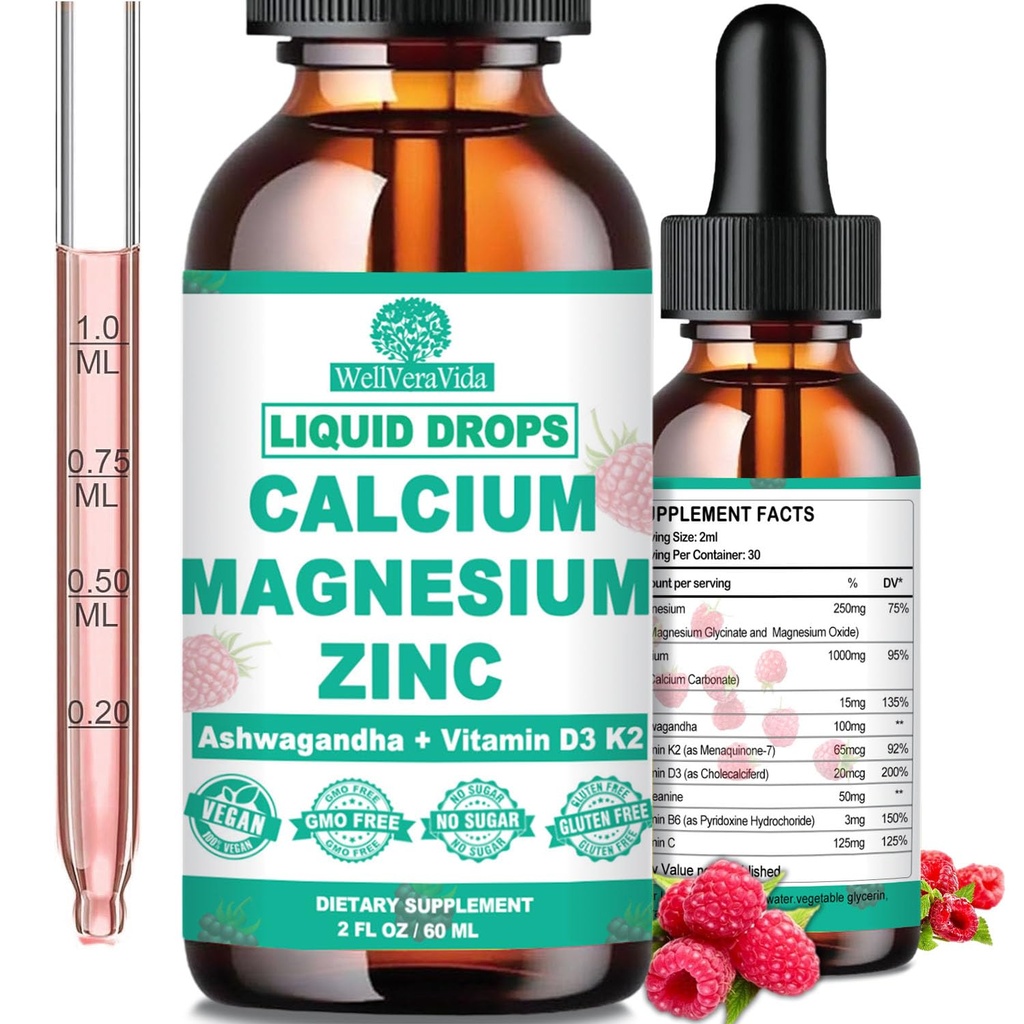 Calcium Magnesium Zink D3 med Calm Magnesium Glycinate Plus Ashwagandha, L-Theanin, Liquid Calcium med vitamin D3 och Magnesium Supplement för Immune, Bone, Muscle, Mood & Sleep Support