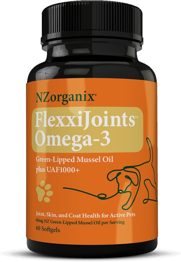 FlexxiJoints Omega-3 Hip and Joint Supplement • Green-Lipped Mussel Omega-3 Oil for Dogs • 100% Uusi-Seelanti Green-Lipped Mussels (60 Softgels)