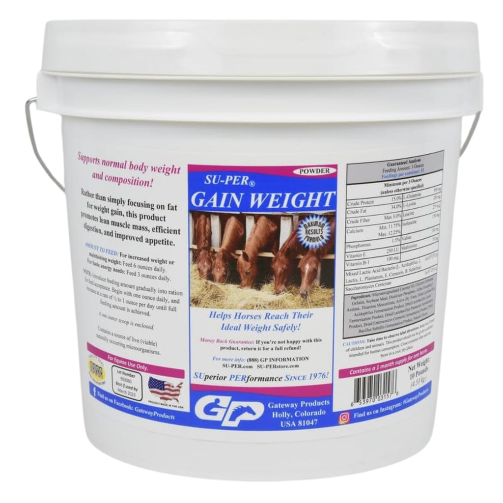 SU-PER Gain Paino hevosille - Equine Supplement Painonnousua hevosille - edistää Lean lihasmassaa, digestiota ja ruokahalua - 10 punta, 1 kuukausi tarjonta