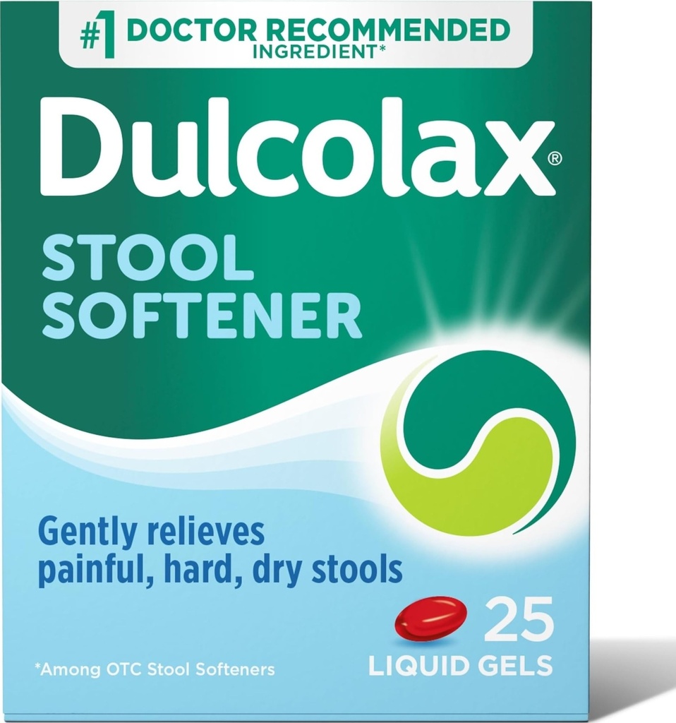 Dulcolax Softener solki Laksatiivinen neste geelikapselit, hellä ummetus Kovien, kuivien työkalujen lievittäminen, natriumdokusaatti 100 mg, 25