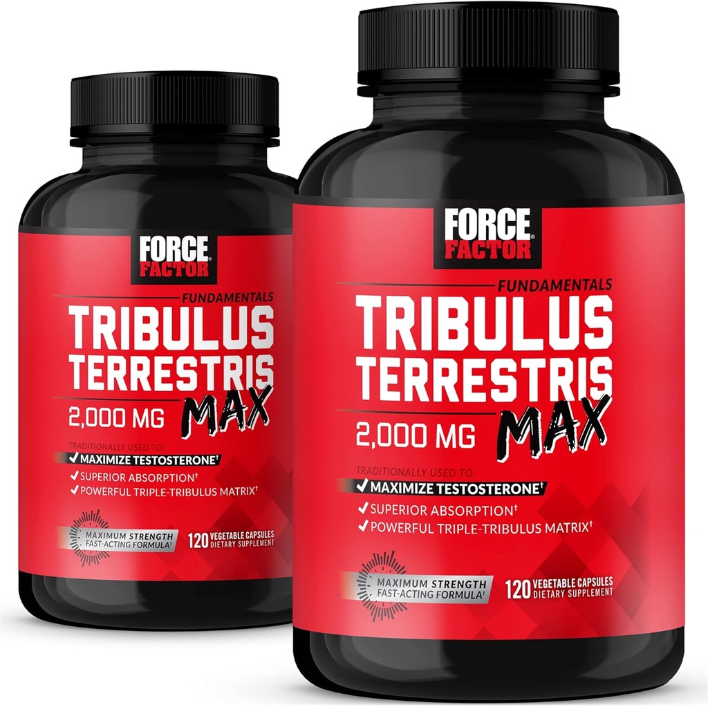 FORCE FACTOR Tribulus Terrestris Max miehille 2-Pack, Testosteroni Booster, Mies Vitality Superior Imeytyminen, 2000mg, 240 kapselia, punainen