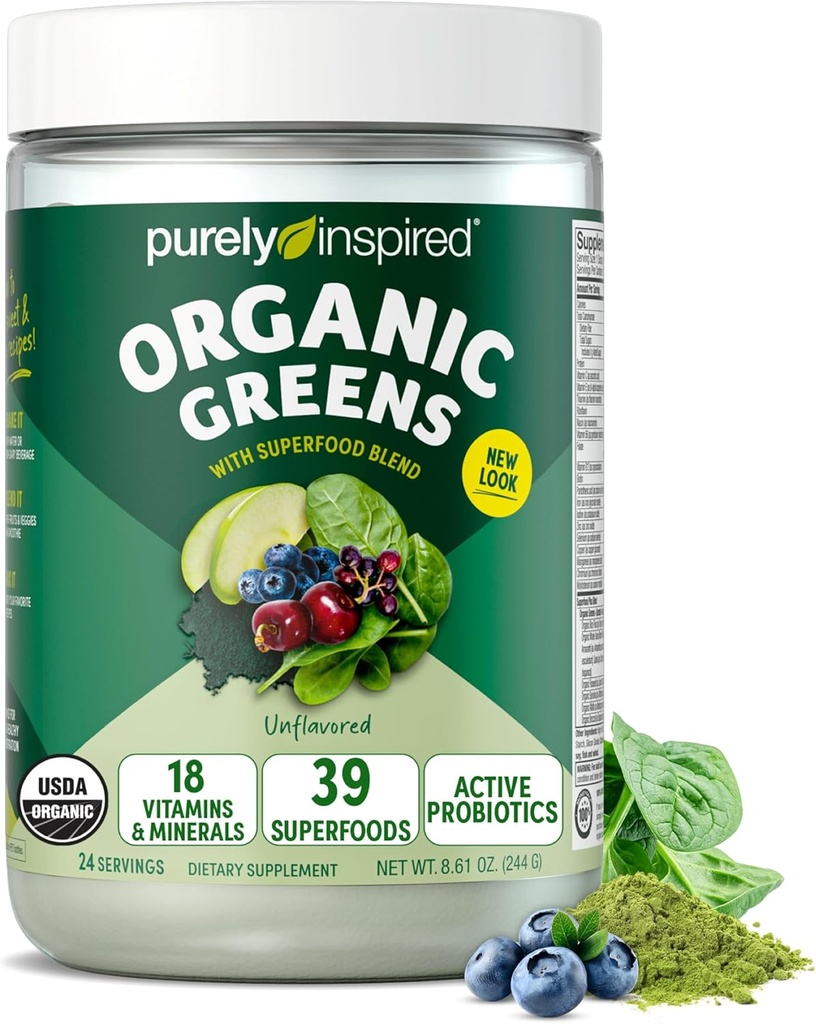 Puhtaasti inspiroitu orgaaninen vihreä jauhe Smoothie Mix, aromiton (24 tarjoilua) - Probiootit digestiiviseen terveyteen Spirulina & klorella Gut Health - Vegaani & Gluteeniton