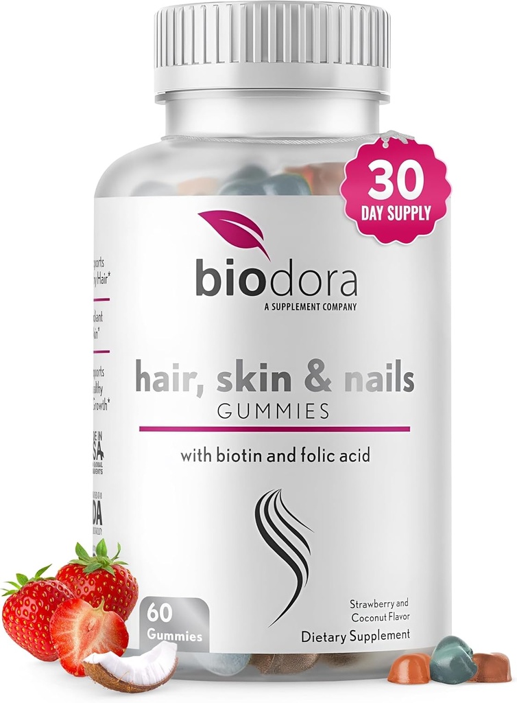 Ihon ja kynsien Gummies, Extra Strength Biotin Gummies kanssa Folic Acid, Inositoli ja vitamiinit, PCOS Symptom Relief & Hormoni Balance, Sokerivapaa mansikka & Coconut Flavor, 60 Gummies