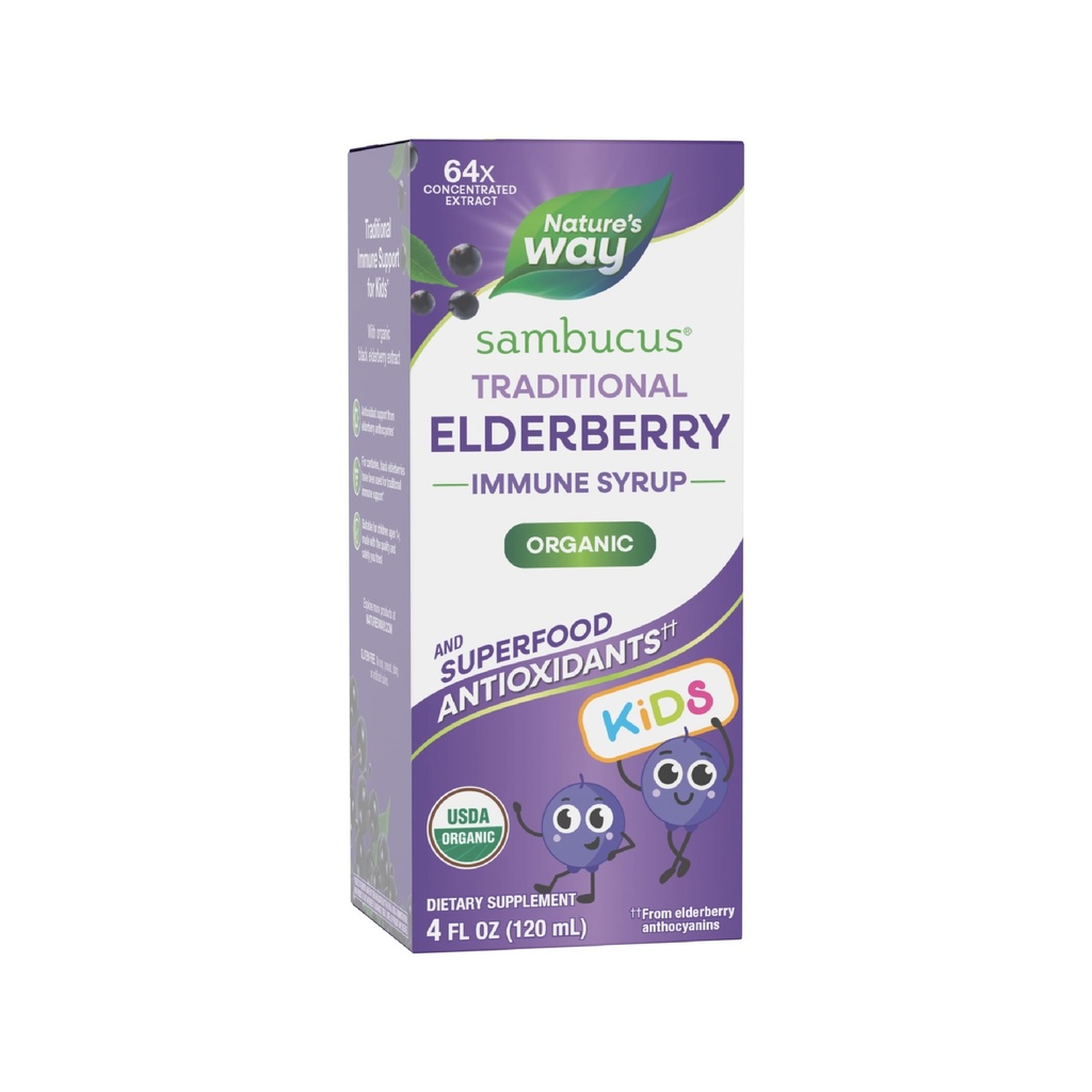 Naturens sätt Sambucus Elderberry Traditional Immune Syrup för Ages 1+, Traditionell Immune Support *, Antioxidant Support *, Black Elderberry Extract, USDA Certified Organic, 4 Fl Oz