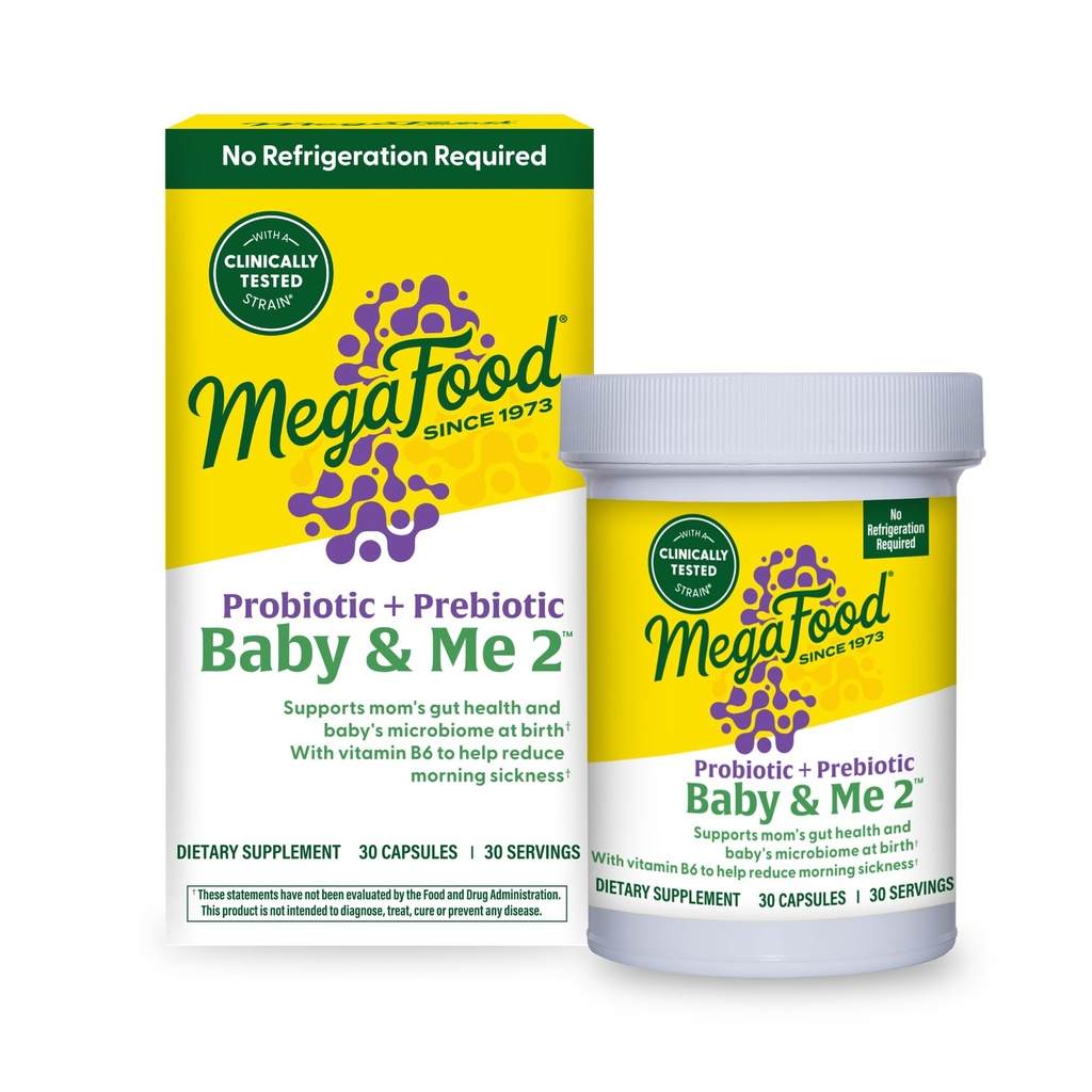 MegaFood Baby & Me 2 Prenatal Probiootti, kasvissyöjä Raskaus Prebiootit ja probiootit naisille, Ruoansulatusterveys ja immuuni tuki B6-vitamiinin aamusairauksien hoitoon, 30 kapselia