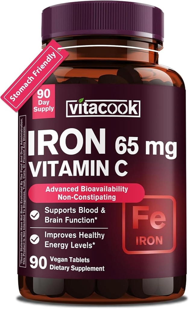 Järntillskott för kvinnor män | High Potency Iron 65mg med vitamin C 250mg | Mager vänliga järnpiller för Red Blood Cell & Immune Support | Vegan, icke-GMO & Gluten Free | 90 tabletter