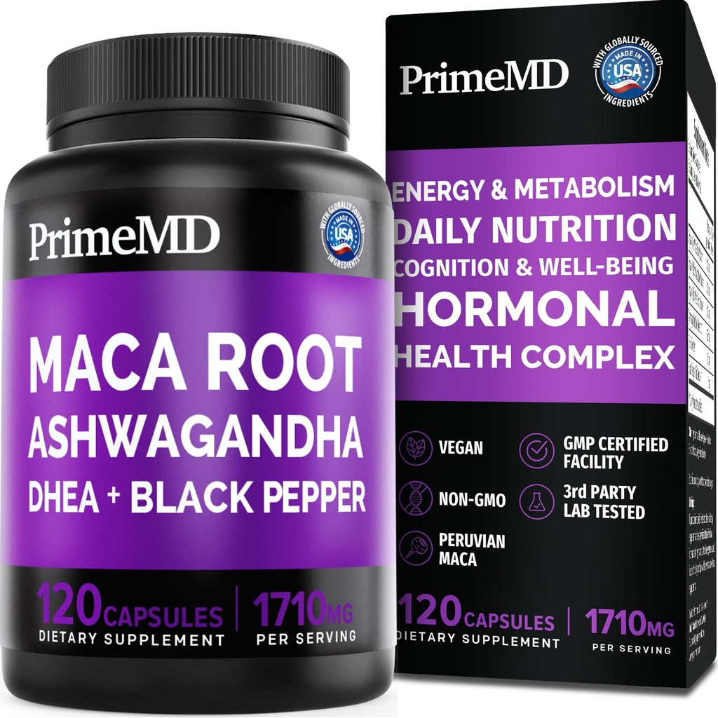 6-in-1 Organic Maca Root Ashwagandha kapselit 1710mg DHEA ja Black Pepper Fruit Extract naisille ja miehille - Black Maca täydennysosa kestävyys, luu-ja mielialatuki täydentää, 120