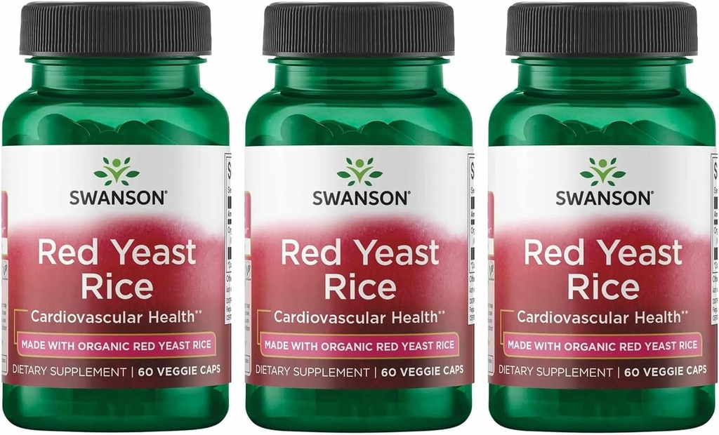 Swanson tillverkad med organisk traditionell röd jästris 600 Milligram 60 Veg kapslar (3 Pack)