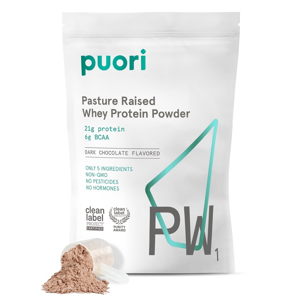 Puori Whey Protein Powder, Dark Chocolate - PW1 Pasture-Raised, Grass-Fed Whey Protein Powder Drink Mix sisältää BCAA Aminohapot - Post-workout täydentää lihasten voitto ja Recovery - 30 Tarjoukset