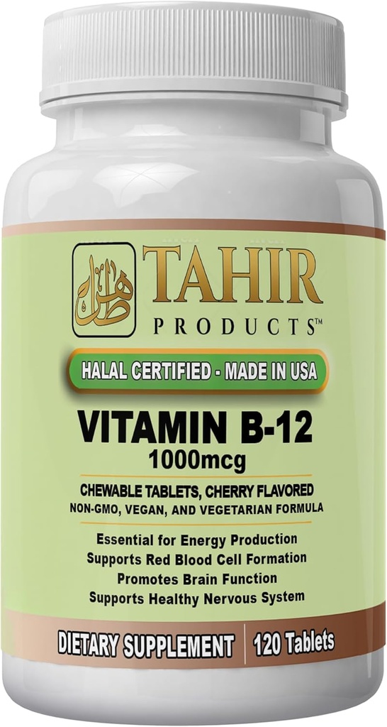 Tahir Halal B12 1000 mcg: Tehostaa energiaa, aineenvaihduntaa ja hermoston terveyttä. Vegaani ja kasvissyöjä, maitotuotteeton, 120 purutablettia. Valmistettu USA - Certified Halal.